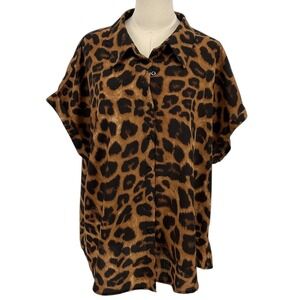SHEIN CURVE Leopard Print Button Down Shirt Women 1XL Brown Black Short Sleeve